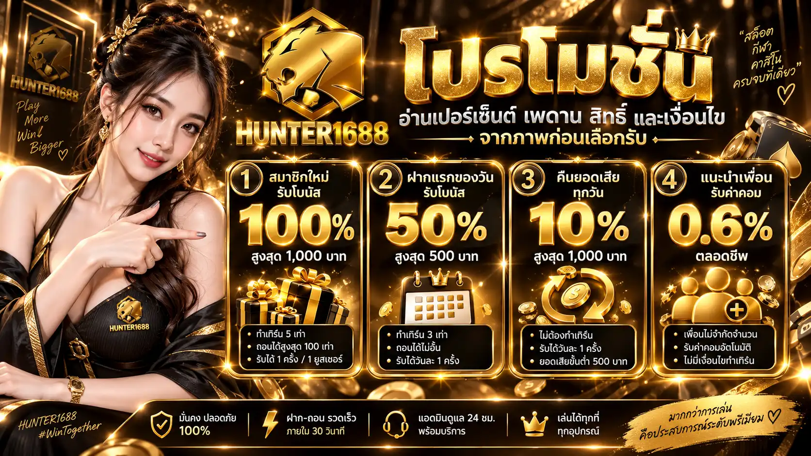 โปรโมชั่น hunter1688 อ่านเปอร์เซ็นต์ เพดาน สิทธิ์ และเงื่อนไขจากภาพก่อนเลือกรับ